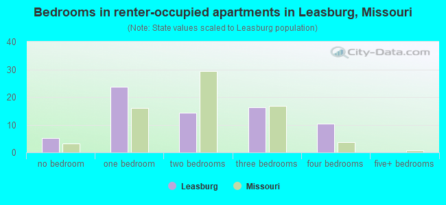 Bedrooms in renter-occupied apartments in Leasburg, Missouri
