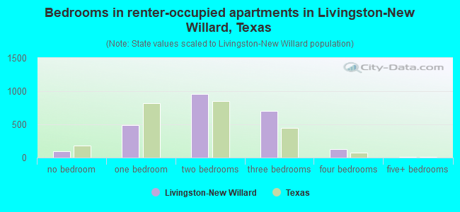 Bedrooms in renter-occupied apartments in Livingston-New Willard, Texas