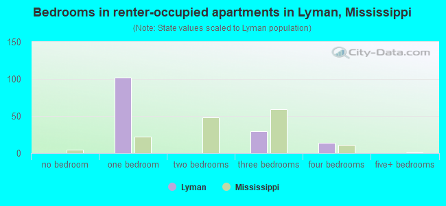 Bedrooms in renter-occupied apartments in Lyman, Mississippi