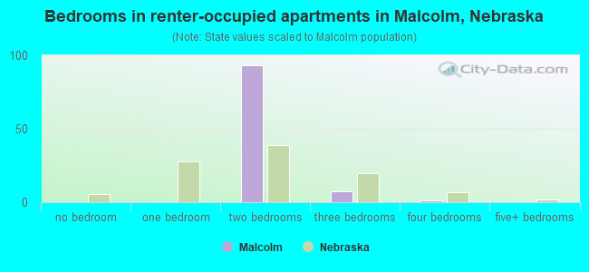 Bedrooms in renter-occupied apartments in Malcolm, Nebraska