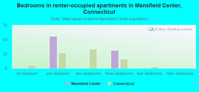 Bedrooms in renter-occupied apartments in Mansfield Center, Connecticut