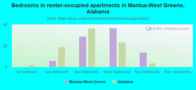 Bedrooms in renter-occupied apartments in Mantua-West Greene, Alabama