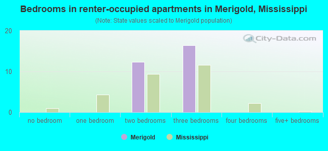 Bedrooms in renter-occupied apartments in Merigold, Mississippi