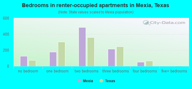 Bedrooms in renter-occupied apartments in Mexia, Texas