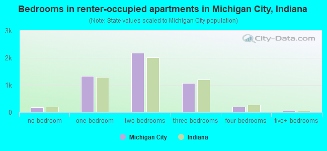 Bedrooms in renter-occupied apartments in Michigan City, Indiana