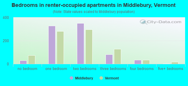 Bedrooms in renter-occupied apartments in Middlebury, Vermont