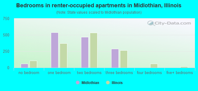 Bedrooms in renter-occupied apartments in Midlothian, Illinois