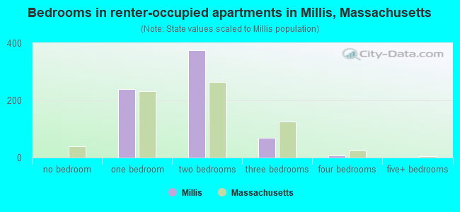 Bedrooms in renter-occupied apartments in Millis, Massachusetts