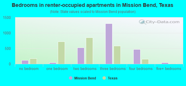 Bedrooms in renter-occupied apartments in Mission Bend, Texas
