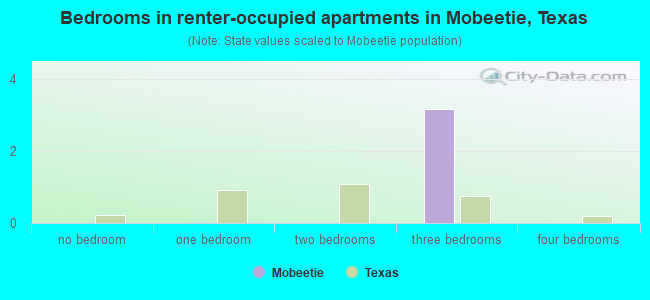 Bedrooms in renter-occupied apartments in Mobeetie, Texas