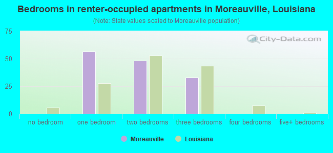 Bedrooms in renter-occupied apartments in Moreauville, Louisiana