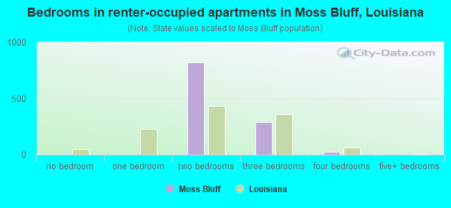 Bedrooms in renter-occupied apartments in Moss Bluff, Louisiana