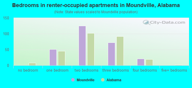 Bedrooms in renter-occupied apartments in Moundville, Alabama