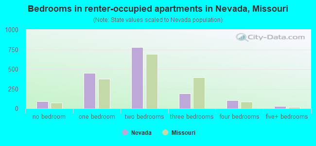 Bedrooms in renter-occupied apartments in Nevada, Missouri