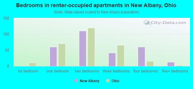 Bedrooms in renter-occupied apartments in New Albany, Ohio
