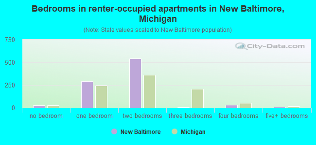 Bedrooms in renter-occupied apartments in New Baltimore, Michigan