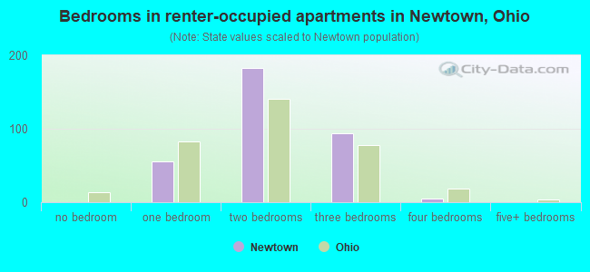Bedrooms in renter-occupied apartments in Newtown, Ohio