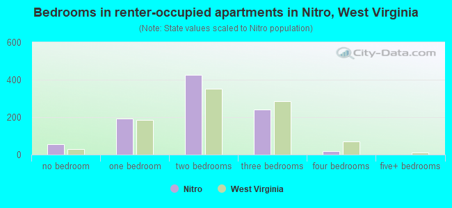Bedrooms in renter-occupied apartments in Nitro, West Virginia