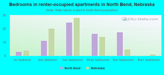 Bedrooms in renter-occupied apartments in North Bend, Nebraska
