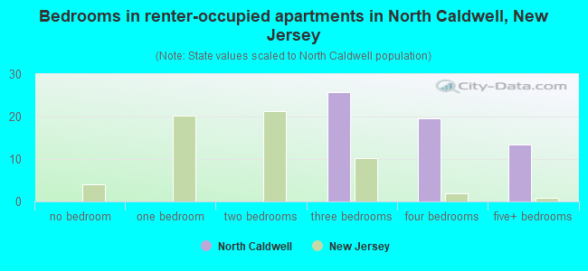 Bedrooms in renter-occupied apartments in North Caldwell, New Jersey