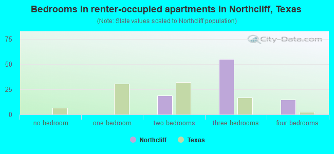 Bedrooms in renter-occupied apartments in Northcliff, Texas