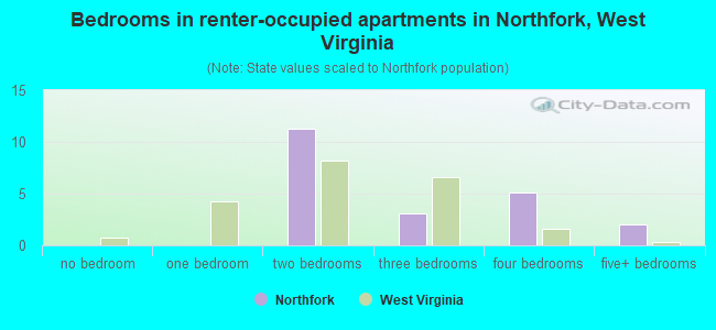 Bedrooms in renter-occupied apartments in Northfork, West Virginia