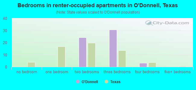 Bedrooms in renter-occupied apartments in O'Donnell, Texas