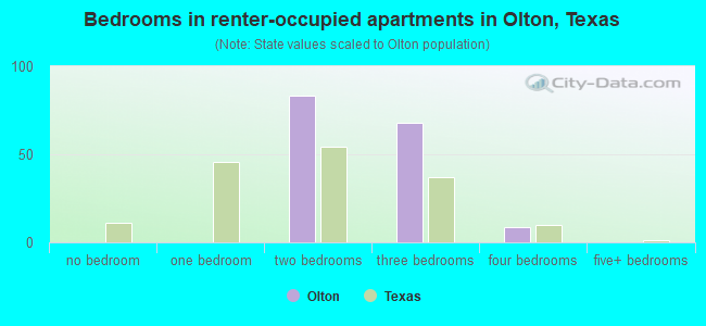 Bedrooms in renter-occupied apartments in Olton, Texas