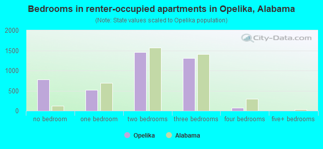 Bedrooms in renter-occupied apartments in Opelika, Alabama