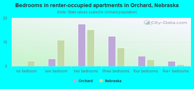 Bedrooms in renter-occupied apartments in Orchard, Nebraska