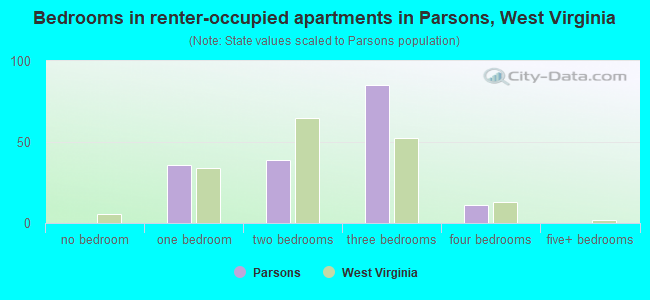 Bedrooms in renter-occupied apartments in Parsons, West Virginia