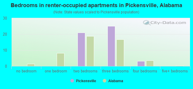 Bedrooms in renter-occupied apartments in Pickensville, Alabama