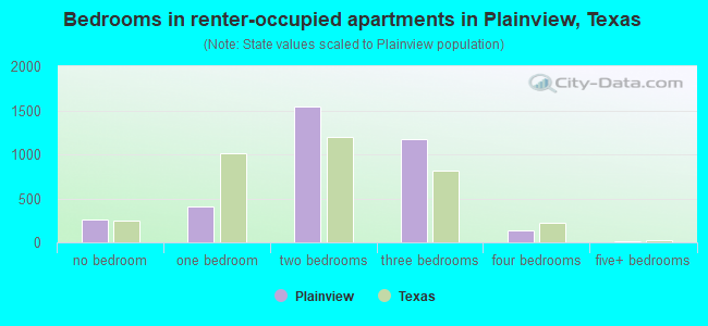 Bedrooms in renter-occupied apartments in Plainview, Texas