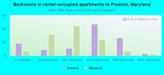 Bedrooms in renter-occupied apartments in Preston, Maryland