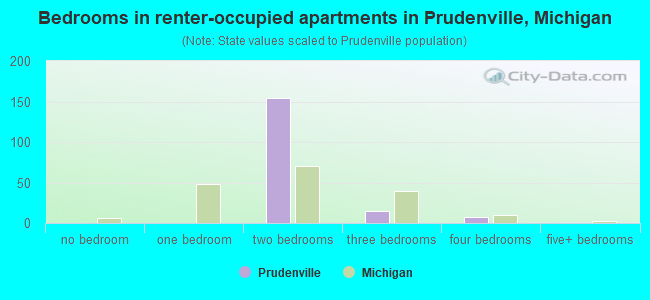 Bedrooms in renter-occupied apartments in Prudenville, Michigan