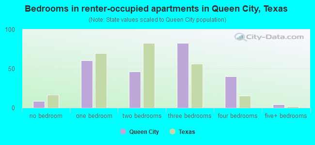 Bedrooms in renter-occupied apartments in Queen City, Texas