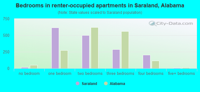 Bedrooms in renter-occupied apartments in Saraland, Alabama