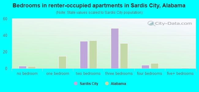 Bedrooms in renter-occupied apartments in Sardis City, Alabama