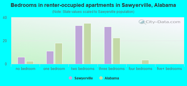 Bedrooms in renter-occupied apartments in Sawyerville, Alabama