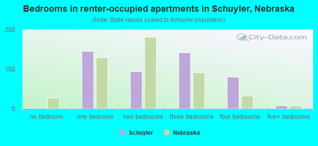 Bedrooms in renter-occupied apartments in Schuyler, Nebraska