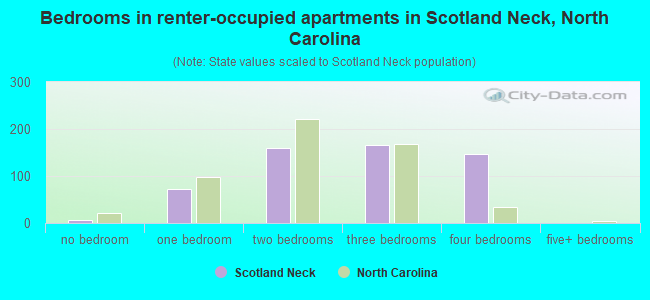 Bedrooms in renter-occupied apartments in Scotland Neck, North Carolina