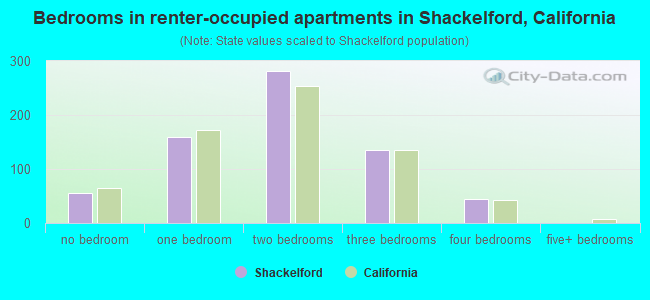 Bedrooms in renter-occupied apartments in Shackelford, California