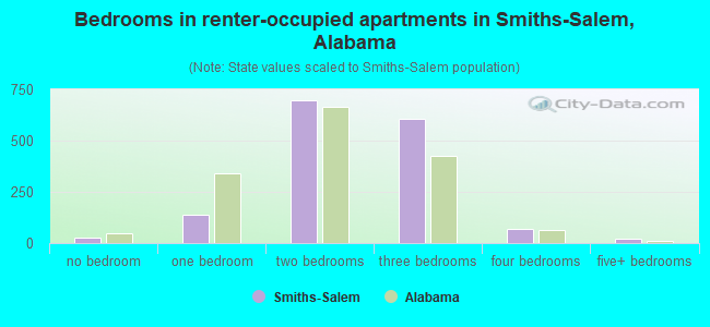 Bedrooms in renter-occupied apartments in Smiths-Salem, Alabama