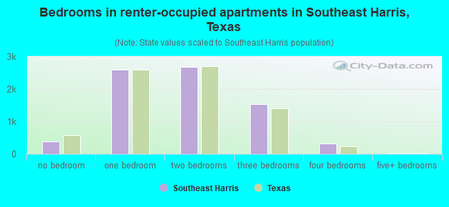 Bedrooms in renter-occupied apartments in Southeast Harris, Texas