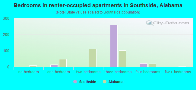 Bedrooms in renter-occupied apartments in Southside, Alabama