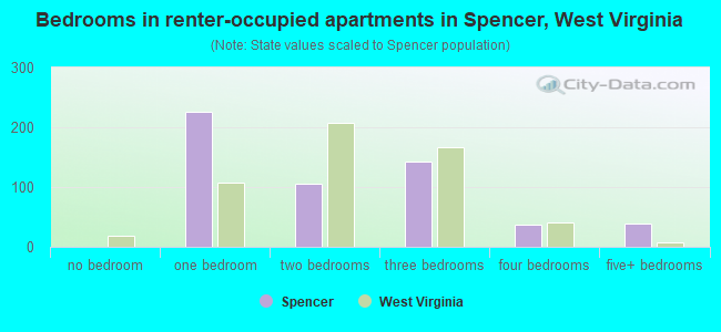 Bedrooms in renter-occupied apartments in Spencer, West Virginia