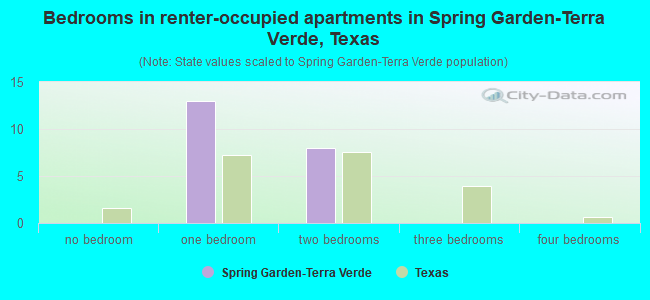 Bedrooms in renter-occupied apartments in Spring Garden-Terra Verde, Texas
