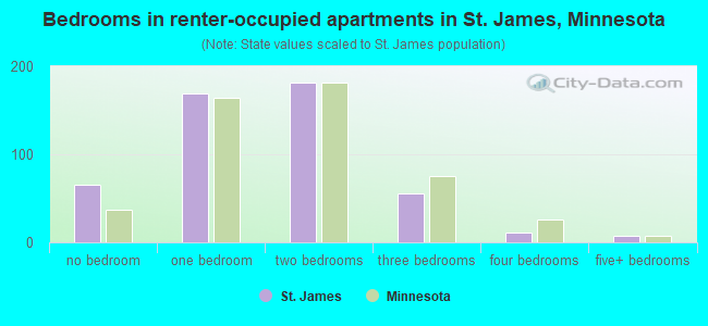 Bedrooms in renter-occupied apartments in St. James, Minnesota