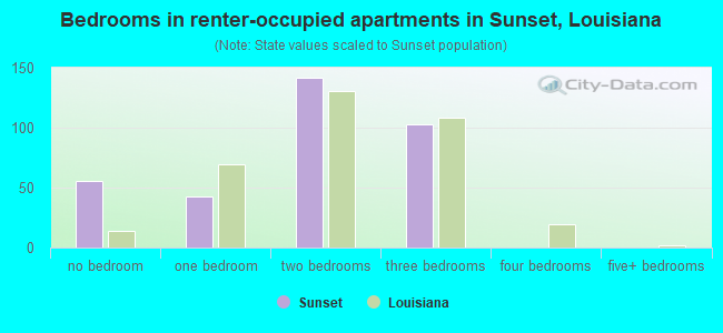 Bedrooms in renter-occupied apartments in Sunset, Louisiana