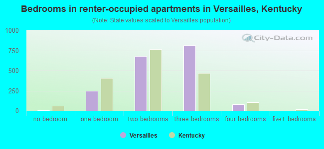 Bedrooms in renter-occupied apartments in Versailles, Kentucky